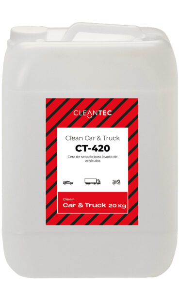 CLEAN CAR&TRUCK CT-420 es una cera de secado profesional formulada para acelerar el escurrido del agua en los procesos de lavado de vehículos, facilitando un secado rápido y sin marcas. Crea una película hidrofóbica que repele el agua y protege la carrocería, aportando un acabado brillante y uniforme. Ideal para su aplicación en túneles de lavado automático, centros de autoservicio y flotas. Compatible con sistemas de dosificación automáticos. Venta exclusiva para profesionales. Producto de uso profesional, no apto para uso doméstico.