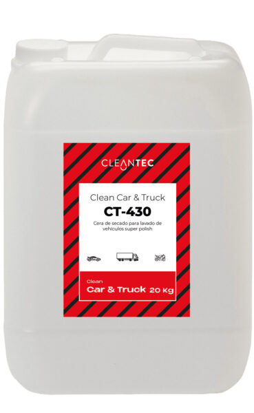 CLEAN CAR&TRUCK CT-430 es una cera de secado premium con efecto Super Polish, diseñada para ofrecer un acabado superior en el lavado de vehículos. Su fórmula avanzada no solo acelera el secado, sino que realza intensamente el brillo, dejando una capa protectora sedosa y duradera sobre la carrocería. Ideal para centros de detailing, túneles de lavado de alta gama y clientes que exigen un acabado impecable. Compatible con equipos de dosificación automática. Venta exclusiva para profesionales. Producto de uso profesional, no apto para uso doméstico.