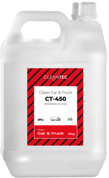 CLEAN CAR&TRUCK CT-450 es un abrillantador profesional de vinilos formulado para renovar y proteger superficies interiores y exteriores de vehículos. Restaura el brillo original de salpicaderos, paneles, gomas y plásticos, dejando un acabado uniforme, sin sensación grasosa y con efecto antistático. Su fórmula avanzada protege contra el desgaste, la decoloración y los rayos UV. Ideal para talleres, concesionarios y centros de detailing. Venta exclusiva para profesionales. Producto de uso profesional, no apto para uso doméstico.