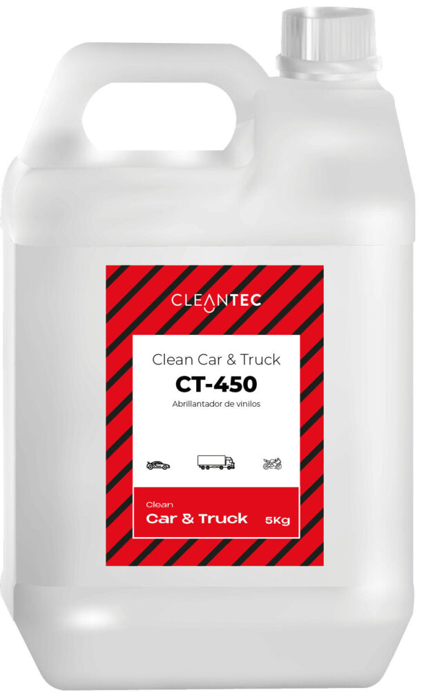 CLEAN CAR&TRUCK CT-450 es un abrillantador profesional de vinilos formulado para renovar y proteger superficies interiores y exteriores de vehículos. Restaura el brillo original de salpicaderos, paneles, gomas y plásticos, dejando un acabado uniforme, sin sensación grasosa y con efecto antistático. Su fórmula avanzada protege contra el desgaste, la decoloración y los rayos UV. Ideal para talleres, concesionarios y centros de detailing. Venta exclusiva para profesionales. Producto de uso profesional, no apto para uso doméstico.