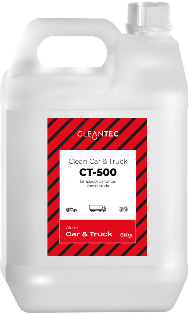 CLEAN CAR&TRUCK CT-500 es un limpiador concentrado de llantas especialmente formulado para eliminar residuos de polvo de freno, grasa y suciedad adherida en todo tipo de llantas metálicas. Su acción potente disuelve la suciedad más difícil sin dañar el acabado ni los componentes. Proporciona una limpieza rápida, segura y eficaz, devolviendo el brillo original a las llantas. Ideal para centros de lavado, talleres y profesionales del automovilismo. Venta exclusiva para profesionales. Producto de uso profesional, no apto para uso doméstico.