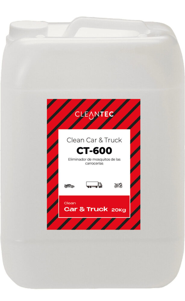 CLEAN CAR&TRUCK CT-600 es un eliminador de insectos especialmente diseñado para disolver y retirar eficazmente restos de mosquitos, insectos y suciedad orgánica adherida a carrocerías, cristales y retrovisores. Su fórmula profesional actúa rápidamente sin dañar pinturas, barnices ni superficies delicadas. Ideal para vehículos de uso intensivo, flotas, estaciones de servicio y centros de lavado. Facilita el lavado posterior y mejora el acabado final del vehículo. Venta exclusiva para profesionales. Producto de uso profesional, no apto para uso doméstico.