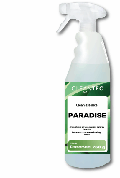 CLEAN ESSENCE PARADISE es un ambientador profesional de larga duración que aporta una fragancia exótica, suave y refrescante a cualquier espacio cerrado. Su fórmula concentrada está diseñada para neutralizar olores persistentes, creando un ambiente agradable y duradero. Ideal para el tratamiento final en vehículos, oficinas, espacios comerciales y zonas comunes. Proporciona una sensación de frescura continua con solo una pequeña aplicación. Venta exclusiva para profesionales. Producto de uso profesional, no apto para uso doméstico.