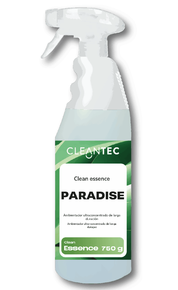 CLEAN ESSENCE PARADISE es un ambientador profesional de larga duración que aporta una fragancia exótica, suave y refrescante a cualquier espacio cerrado. Su fórmula concentrada está diseñada para neutralizar olores persistentes, creando un ambiente agradable y duradero. Ideal para el tratamiento final en vehículos, oficinas, espacios comerciales y zonas comunes. Proporciona una sensación de frescura continua con solo una pequeña aplicación. Venta exclusiva para profesionales. Producto de uso profesional, no apto para uso doméstico.