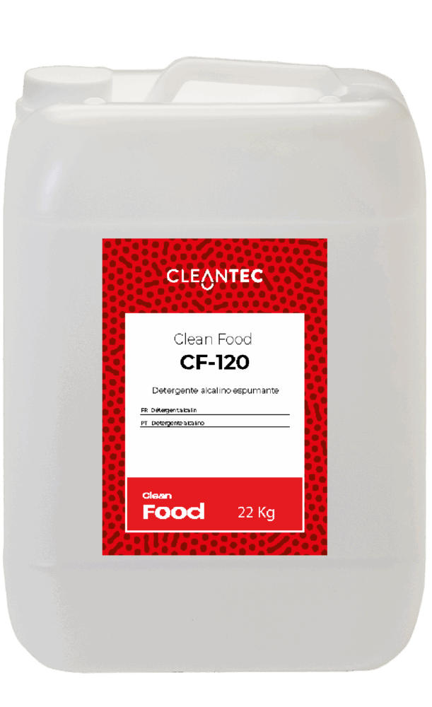 CLEAN FOOD CF-120 SHIELD es un detergente alcalino de alto poder desengrasante y desinfectante, formulado especialmente para la industria alimentaria. Su acción 3 en 1 permite limpiar, desengrasar y desinfectar en una sola aplicación, eliminando eficazmente residuos orgánicos, grasas animales y bacterias en superficies de contacto alimentario. Ideal para cocinas industriales, obradores, líneas de producción y cámaras frigoríficas. Compatible con planes APPCC y protocolos de higiene estrictos. Venta exclusiva para profesionales. Producto de uso profesional, no apto para uso doméstico.