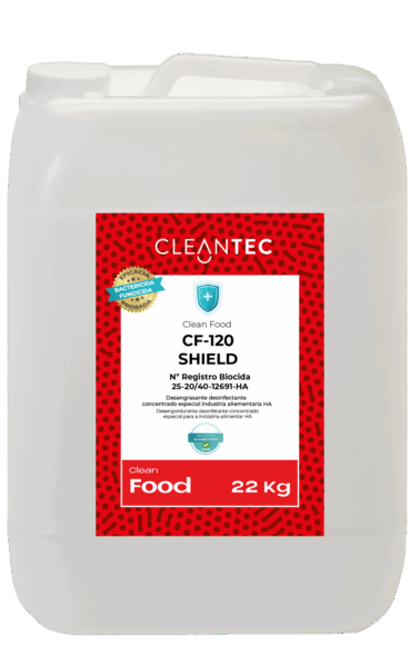 Potente biocida desinfectante y limpiador en una sola fase, ideal para la industria alimentaria, eficaz contra bacterias y hongos, incluida Listeria y Salmonella.