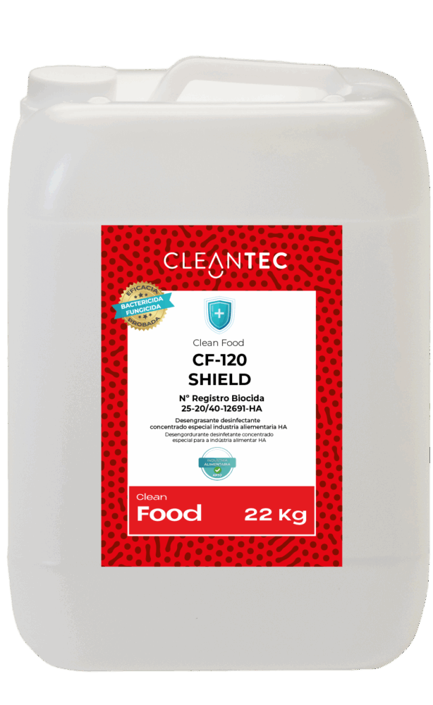 Potente biocida desinfectante y limpiador en una sola fase, ideal para la industria alimentaria, eficaz contra bacterias y hongos, incluida Listeria y Salmonella.