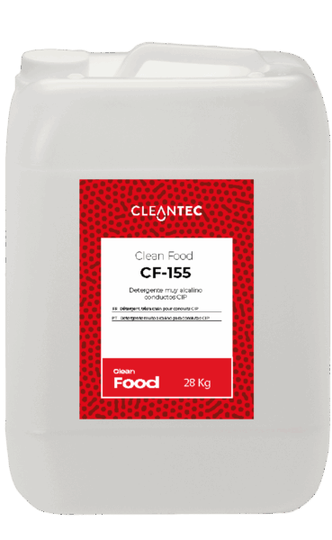 CLEAN FOOD CF-155 es un detergente muy alcalino de alto rendimiento, diseñado específicamente para sistemas de limpieza CIP (Cleaning In Place) en la industria alimentaria. Su potente fórmula elimina eficazmente grasas, proteínas y residuos orgánicos incrustados en conductos, tuberías, intercambiadores de calor y tanques de proceso, garantizando una higiene completa sin necesidad de desmontar los equipos. Compatible con aguas de diferentes durezas y formulado para uso continuo en instalaciones automatizadas. Venta exclusiva para profesionales. Producto de uso profesional, no apto para uso doméstico.