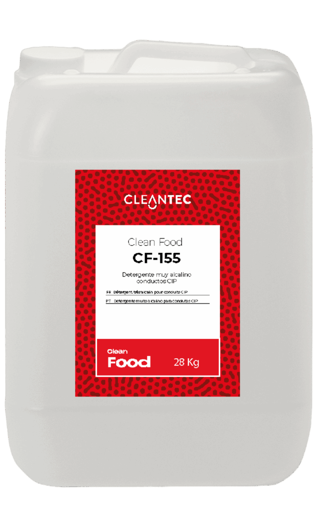 CLEAN FOOD CF-155 es un detergente muy alcalino de alto rendimiento, diseñado específicamente para sistemas de limpieza CIP (Cleaning In Place) en la industria alimentaria. Su potente fórmula elimina eficazmente grasas, proteínas y residuos orgánicos incrustados en conductos, tuberías, intercambiadores de calor y tanques de proceso, garantizando una higiene completa sin necesidad de desmontar los equipos. Compatible con aguas de diferentes durezas y formulado para uso continuo en instalaciones automatizadas. Venta exclusiva para profesionales. Producto de uso profesional, no apto para uso doméstico.