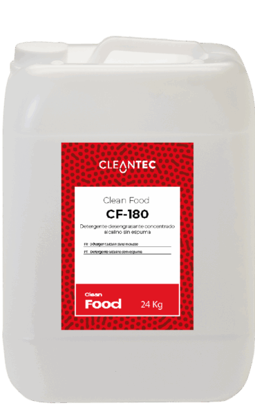 CLEAN FOOD CF-180 es un detergente alcalino de color rojo intenso, formulado especialmente para sistemas de lavado automático en entornos de la industria alimentaria. Su alto poder desengrasante elimina eficazmente residuos orgánicos, grasas y restos de proteína en maquinaria, cintas transportadoras, paredes y suelos. Su coloración permite un control visual del producto durante la aplicación, asegurando una cobertura total. Ideal para planes de limpieza y desinfección exigentes. Venta exclusiva para profesionales. Producto de uso profesional, no apto para uso doméstico.