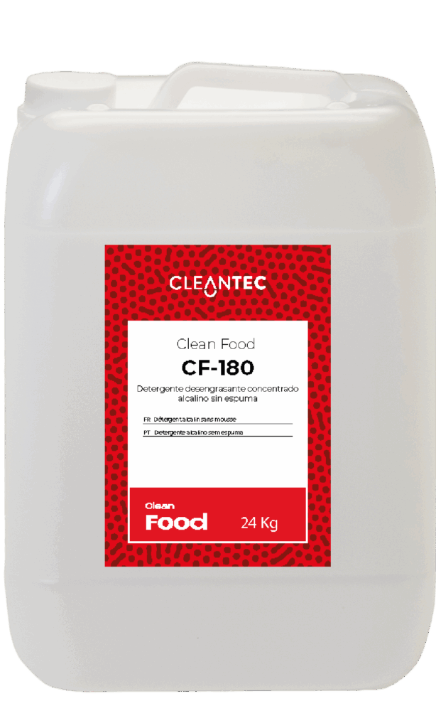 CLEAN FOOD CF-180 es un detergente alcalino de color rojo intenso, formulado especialmente para sistemas de lavado automático en entornos de la industria alimentaria. Su alto poder desengrasante elimina eficazmente residuos orgánicos, grasas y restos de proteína en maquinaria, cintas transportadoras, paredes y suelos. Su coloración permite un control visual del producto durante la aplicación, asegurando una cobertura total. Ideal para planes de limpieza y desinfección exigentes. Venta exclusiva para profesionales. Producto de uso profesional, no apto para uso doméstico.