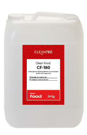 CLEAN FOOD CF-180 es un detergente alcalino de color rojo intenso, formulado especialmente para sistemas de lavado automático en entornos de la industria alimentaria. Su alto poder desengrasante elimina eficazmente residuos orgánicos, grasas y restos de proteína en maquinaria, cintas transportadoras, paredes y suelos. Su coloración permite un control visual del producto durante la aplicación, asegurando una cobertura total. Ideal para planes de limpieza y desinfección exigentes. Venta exclusiva para profesionales. Producto de uso profesional, no apto para uso doméstico.