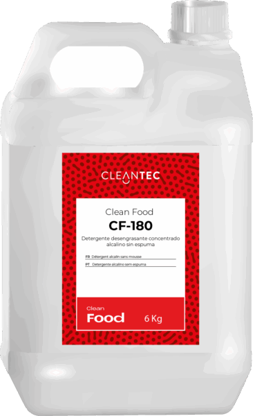 CLEAN FOOD CF-180 es un detergente alcalino de color rojo intenso, formulado especialmente para sistemas de lavado automático en entornos de la industria alimentaria. Su alto poder desengrasante elimina eficazmente residuos orgánicos, grasas y restos de proteína en maquinaria, cintas transportadoras, paredes y suelos. Su coloración permite un control visual del producto durante la aplicación, asegurando una cobertura total. Ideal para planes de limpieza y desinfección exigentes. Venta exclusiva para profesionales. Producto de uso profesional, no apto para uso doméstico.
