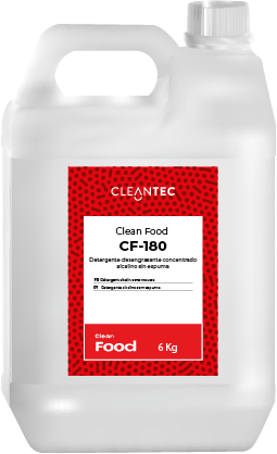 CLEAN FOOD CF-180 es un detergente alcalino de color rojo intenso, formulado especialmente para sistemas de lavado automático en entornos de la industria alimentaria. Su alto poder desengrasante elimina eficazmente residuos orgánicos, grasas y restos de proteína en maquinaria, cintas transportadoras, paredes y suelos. Su coloración permite un control visual del producto durante la aplicación, asegurando una cobertura total. Ideal para planes de limpieza y desinfección exigentes. Venta exclusiva para profesionales. Producto de uso profesional, no apto para uso doméstico.