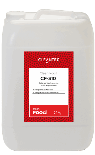 CLEAN FOOD CF-310 es un detergente espumante de carácter altamente ácido, diseñado para eliminar incrustaciones calcáreas, residuos minerales y óxidos en superficies de la industria alimentaria. Su fórmula genera una espuma densa y adherente que prolonga el tiempo de contacto y mejora la eficacia en superficies verticales o de difícil acceso. Ideal para limpiar suelos, paredes, maquinaria y estructuras de acero inoxidable expuestas a aguas duras o procesos térmicos. Venta exclusiva para profesionales. Producto de uso profesional, no apto para uso doméstico.