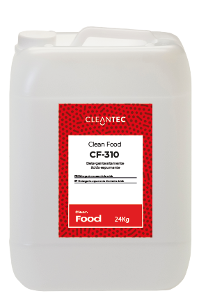 CLEAN FOOD CF-310 es un detergente espumante de carácter altamente ácido, diseñado para eliminar incrustaciones calcáreas, residuos minerales y óxidos en superficies de la industria alimentaria. Su fórmula genera una espuma densa y adherente que prolonga el tiempo de contacto y mejora la eficacia en superficies verticales o de difícil acceso. Ideal para limpiar suelos, paredes, maquinaria y estructuras de acero inoxidable expuestas a aguas duras o procesos térmicos. Venta exclusiva para profesionales. Producto de uso profesional, no apto para uso doméstico.