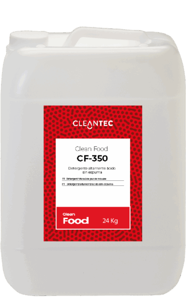 CLEAN FOOD CF-350 es un detergente altamente ácido y sin formación de espuma, desarrollado para la eliminación eficaz de incrustaciones calcáreas, óxidos y residuos minerales en superficies de la industria alimentaria. Su fórmula profesional garantiza una limpieza profunda sin generar espuma, lo que lo hace ideal para circuitos CIP, superficies verticales, depósitos, y maquinaria de acero inoxidable. Especialmente recomendado para procesos de limpieza donde se requiere una acción desincrustante potente sin interferencias visuales. Venta exclusiva para profesionales. Producto de uso profesional, no apto para uso doméstico.