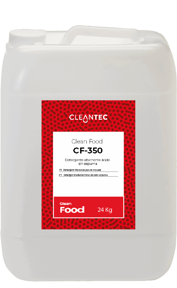 CLEAN FOOD CF-350 es un detergente altamente ácido y sin formación de espuma, desarrollado para la eliminación eficaz de incrustaciones calcáreas, óxidos y residuos minerales en superficies de la industria alimentaria. Su fórmula profesional garantiza una limpieza profunda sin generar espuma, lo que lo hace ideal para circuitos CIP, superficies verticales, depósitos, y maquinaria de acero inoxidable. Especialmente recomendado para procesos de limpieza donde se requiere una acción desincrustante potente sin interferencias visuales. Venta exclusiva para profesionales. Producto de uso profesional, no apto para uso doméstico.
