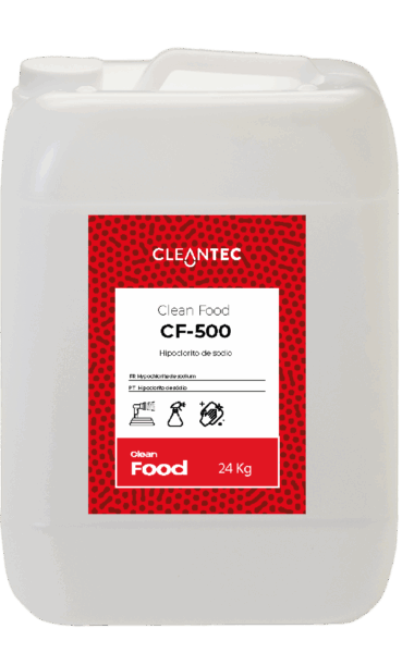 CLEAN FOOD CF-500 es un desinfectante líquido a base de cloro activo, formulado específicamente para la industria alimentaria. Su elevada eficacia frente a bacterias, virus y hongos lo convierte en una solución ideal para la desinfección de superficies de contacto alimentario, utensilios, equipos y circuitos CIP. Puede aplicarse por inmersión, aspersión o circulación. Garantiza un alto nivel de higiene cumpliendo con los estándares exigidos en entornos con protocolo APPCC. Venta exclusiva para profesionales. Producto de uso profesional, no apto para uso doméstico.