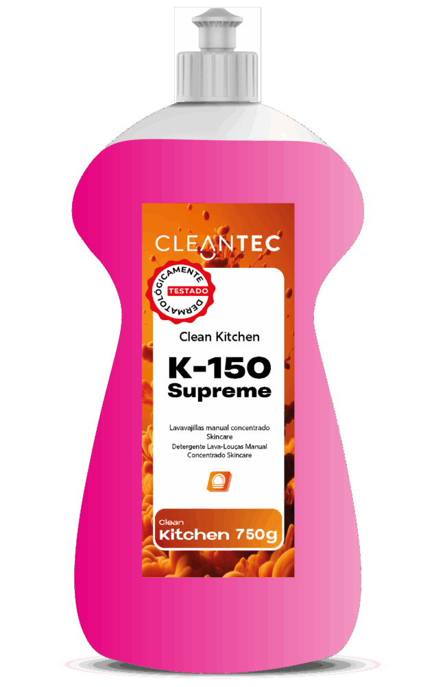 CLEAN KITCHEN DISHES K-150 SUPREME es un detergente espumante para lavado manual de vajilla y utensilios, formulado para uso intensivo en cocinas profesionales. Su espuma densa y persistente facilita la eliminación de grasa, restos de alimentos y suciedad incrustada, dejando un acabado brillante y sin residuos. Suave con las manos y efectivo incluso en agua fría, es ideal para lavado manual en restaurantes, comedores industriales, obradores y colectividades. Venta exclusiva para profesionales. Producto de uso profesional, no apto para uso doméstico.