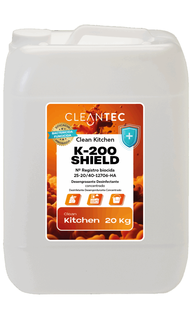 Clean Kitchen K-200 Shield es un desengrasante desinfectante concentrado con una probada acción biocida, cumpliendo la Norma UNE-EN 13697. Eficaz en 5 minutos contra bacterias, incluyendo Listeria monocytogenes y Salmonella choleraesuis, y en 15 minutos contra hongos. Diseñado para uso profesional en superficies (excepto alimentos), garantiza una desinfección efectiva y limpieza profunda en cocinas, requiriendo aclarado si hay contacto con personas.