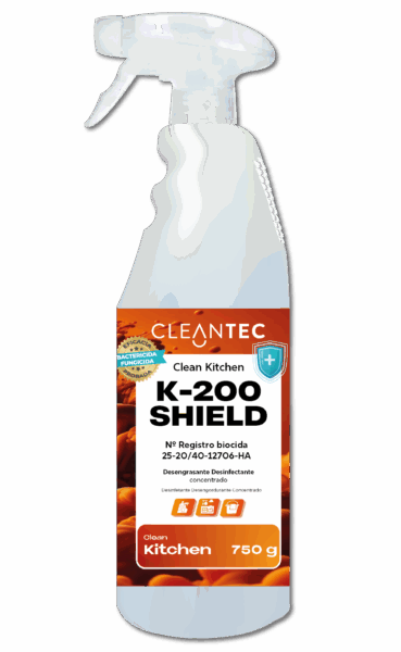 Clean Kitchen K-200 Shield es un desengrasante desinfectante concentrado con una probada acción biocida, cumpliendo la Norma UNE-EN 13697. Eficaz en 5 minutos contra bacterias, incluyendo Listeria monocytogenes y Salmonella choleraesuis, y en 15 minutos contra hongos. Diseñado para uso profesional en superficies (excepto alimentos), garantiza una desinfección efectiva y limpieza profunda en cocinas, requiriendo aclarado si hay contacto con personas.