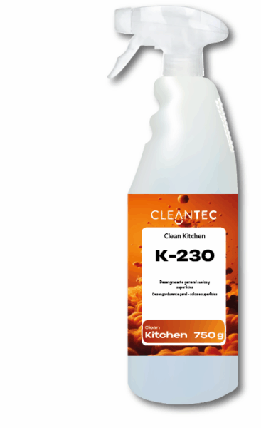 CLEAN KITCHEN K-230 es un desengrasante general de uso directo, formulado para limpiezas rápidas y eficaces en frío, sin necesidad de dilución ni calentamiento. Actúa directamente sobre grasas, aceites y residuos orgánicos, facilitando la limpieza de superficies, utensilios, paredes y campanas extractoras en cocinas profesionales. Su fórmula lista para usar lo convierte en una solución práctica y eficiente para limpiezas de mantenimiento o intervenciones rápidas. Apto para uso en entornos alimentarios. Venta exclusiva para profesionales. Producto de uso profesional, no apto para uso doméstico.