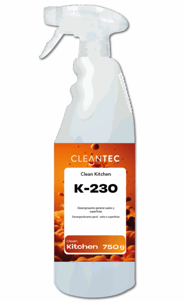 CLEAN KITCHEN K-230 es un desengrasante general de uso directo, formulado para limpiezas rápidas y eficaces en frío, sin necesidad de dilución ni calentamiento. Actúa directamente sobre grasas, aceites y residuos orgánicos, facilitando la limpieza de superficies, utensilios, paredes y campanas extractoras en cocinas profesionales. Su fórmula lista para usar lo convierte en una solución práctica y eficiente para limpiezas de mantenimiento o intervenciones rápidas. Apto para uso en entornos alimentarios. Venta exclusiva para profesionales. Producto de uso profesional, no apto para uso doméstico.