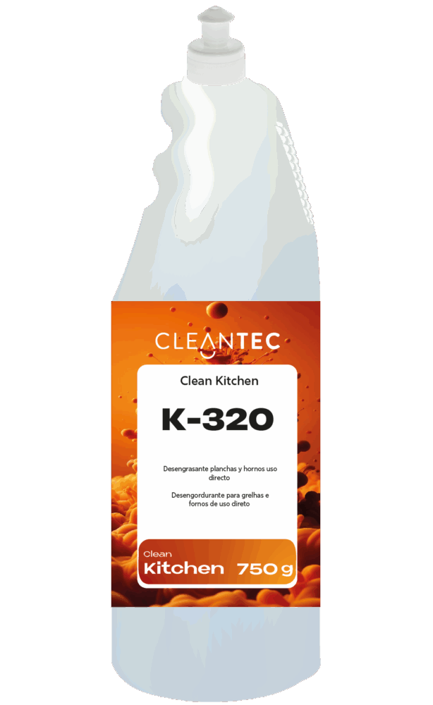 CLEAN KITCHEN K-320 es un desengrasante de uso directo, especialmente formulado para la limpieza rápida y eficaz de planchas, hornos, freidoras y superficies muy sucias sin necesidad de dilución. Su potente acción alcalina disuelve grasas carbonizadas y residuos cocinados, incluso en superficies calientes, restaurando el brillo original del acero. Ideal para limpiezas diarias en cocinas profesionales, restaurantes y colectividades con alta rotación. Aplicación directa con pulverizador o brocha. Venta exclusiva para profesionales. Producto de uso profesional, no apto para uso doméstico.