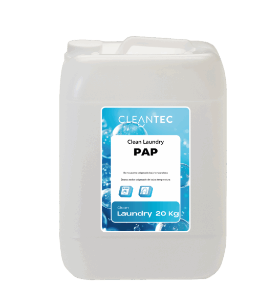 CLEAN LAUNDRY PAP es un blanqueante oxigenado de última generación, formulado para procesos de lavado a baja temperatura en lavanderías industriales. Su contenido en peróxidos activados permite eliminar manchas orgánicas difíciles (vino, café, sangre, fruta, etc.) sin dañar los tejidos ni afectar los colores. Aporta una acción higienizante adicional, ideal para ropa de hostelería, hospitales y colectividades. Compatible con detergentes líquidos y sólidos. Eficaz desde 30 °C. Venta exclusiva para profesionales. Producto de uso profesional, no apto para uso doméstico.