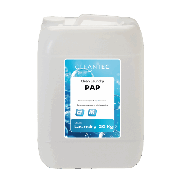 CLEAN LAUNDRY PAP es un blanqueante oxigenado de última generación, formulado para procesos de lavado a baja temperatura en lavanderías industriales. Su contenido en peróxidos activados permite eliminar manchas orgánicas difíciles (vino, café, sangre, fruta, etc.) sin dañar los tejidos ni afectar los colores. Aporta una acción higienizante adicional, ideal para ropa de hostelería, hospitales y colectividades. Compatible con detergentes líquidos y sólidos. Eficaz desde 30 °C. Venta exclusiva para profesionales. Producto de uso profesional, no apto para uso doméstico.