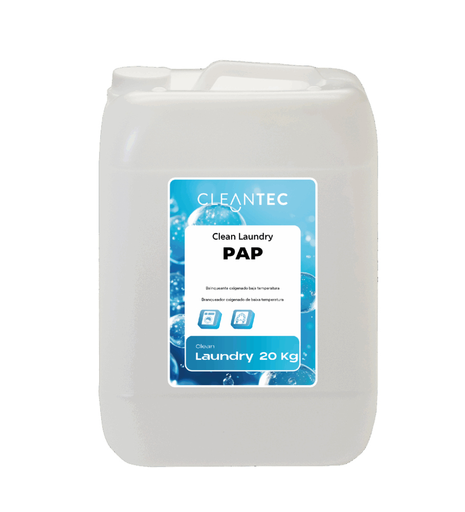 CLEAN LAUNDRY PAP es un blanqueante oxigenado de última generación, formulado para procesos de lavado a baja temperatura en lavanderías industriales. Su contenido en peróxidos activados permite eliminar manchas orgánicas difíciles (vino, café, sangre, fruta, etc.) sin dañar los tejidos ni afectar los colores. Aporta una acción higienizante adicional, ideal para ropa de hostelería, hospitales y colectividades. Compatible con detergentes líquidos y sólidos. Eficaz desde 30 °C. Venta exclusiva para profesionales. Producto de uso profesional, no apto para uso doméstico.