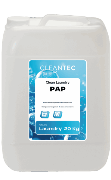 CLEAN LAUNDRY PAP es un blanqueante oxigenado de última generación, formulado para procesos de lavado a baja temperatura en lavanderías industriales. Su contenido en peróxidos activados permite eliminar manchas orgánicas difíciles (vino, café, sangre, fruta, etc.) sin dañar los tejidos ni afectar los colores. Aporta una acción higienizante adicional, ideal para ropa de hostelería, hospitales y colectividades. Compatible con detergentes líquidos y sólidos. Eficaz desde 30 °C. Venta exclusiva para profesionales. Producto de uso profesional, no apto para uso doméstico.