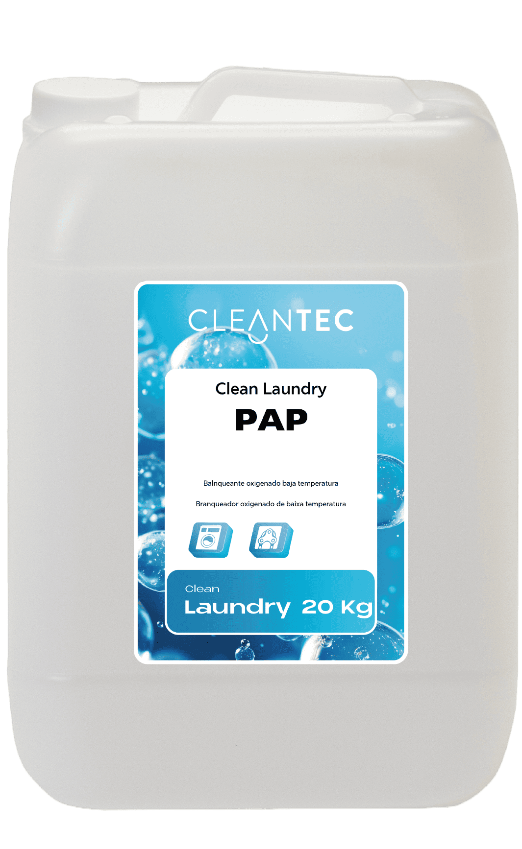 CLEAN LAUNDRY PAP es un blanqueante oxigenado de última generación, formulado para procesos de lavado a baja temperatura en lavanderías industriales. Su contenido en peróxidos activados permite eliminar manchas orgánicas difíciles (vino, café, sangre, fruta, etc.) sin dañar los tejidos ni afectar los colores. Aporta una acción higienizante adicional, ideal para ropa de hostelería, hospitales y colectividades. Compatible con detergentes líquidos y sólidos. Eficaz desde 30 °C. Venta exclusiva para profesionales. Producto de uso profesional, no apto para uso doméstico.