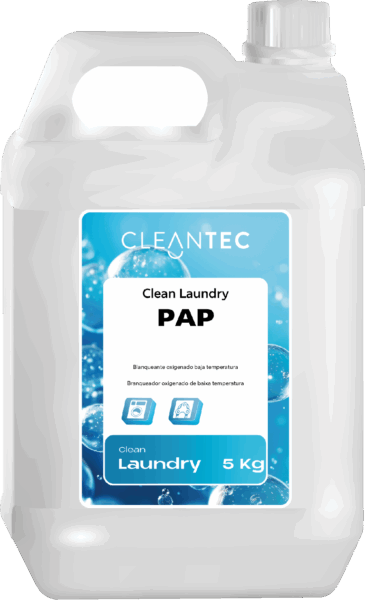 CLEAN LAUNDRY PAP es un blanqueante oxigenado de última generación, formulado para procesos de lavado a baja temperatura en lavanderías industriales. Su contenido en peróxidos activados permite eliminar manchas orgánicas difíciles (vino, café, sangre, fruta, etc.) sin dañar los tejidos ni afectar los colores. Aporta una acción higienizante adicional, ideal para ropa de hostelería, hospitales y colectividades. Compatible con detergentes líquidos y sólidos. Eficaz desde 30 °C. Venta exclusiva para profesionales. Producto de uso profesional, no apto para uso doméstico.