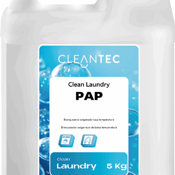 CLEAN LAUNDRY PAP es un blanqueante oxigenado de última generación, formulado para procesos de lavado a baja temperatura en lavanderías industriales. Su contenido en peróxidos activados permite eliminar manchas orgánicas difíciles (vino, café, sangre, fruta, etc.) sin dañar los tejidos ni afectar los colores. Aporta una acción higienizante adicional, ideal para ropa de hostelería, hospitales y colectividades. Compatible con detergentes líquidos y sólidos. Eficaz desde 30 °C. Venta exclusiva para profesionales. Producto de uso profesional, no apto para uso doméstico.
