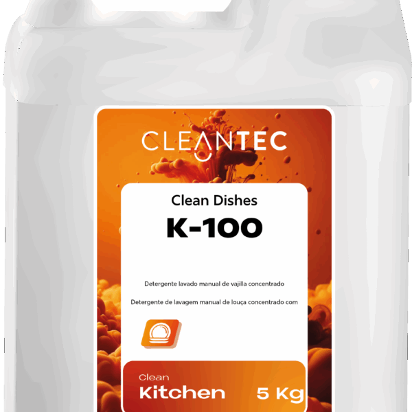 CLEAN KITCHEN DISHES K-100 es un detergente concentrado para lavado manual de vajilla, con efecto higienizante y alto poder desengrasante. Formulado para eliminar eficazmente restos de grasa, almidón y residuos orgánicos, incluso en agua fría, dejando vajilla, utensilios y cristalería limpios, brillantes y sin residuos. Genera una espuma densa y duradera, ideal para uso intensivo en cocinas profesionales. Su fórmula incluye agentes higienizantes que refuerzan la limpieza en ambientes alimentarios. Venta exclusiva para profesionales. Producto de uso profesional, no apto para uso doméstico.