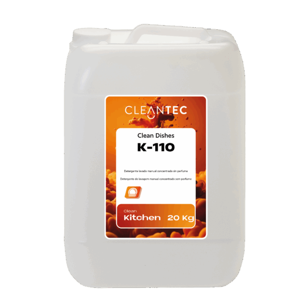 CLEAN KITCHEN DISHES K-110 es un detergente concentrado para el lavado manual de vajilla, especialmente formulado sin perfume ni colorantes, ideal para entornos donde se requiere la máxima neutralidad y seguridad alimentaria. Elimina eficazmente grasa, residuos de alimentos y suciedad general, dejando la vajilla limpia, brillante y sin residuos. Produce una espuma abundante y duradera, incluso en aguas frías. Recomendado para cocinas industriales, obradores, hospitales y colectividades con exigencias higiénico-sanitarias específicas. Venta exclusiva para profesionales. Producto de uso profesional, no apto para uso doméstico.