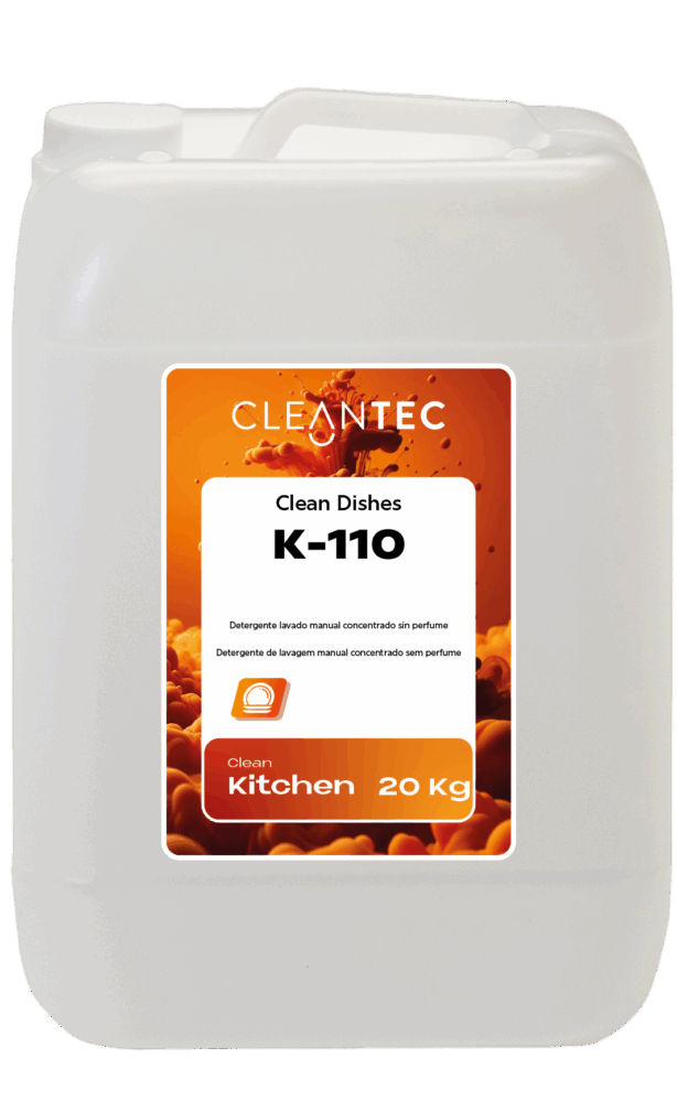 CLEAN KITCHEN DISHES K-110 es un detergente concentrado para el lavado manual de vajilla, especialmente formulado sin perfume ni colorantes, ideal para entornos donde se requiere la máxima neutralidad y seguridad alimentaria. Elimina eficazmente grasa, residuos de alimentos y suciedad general, dejando la vajilla limpia, brillante y sin residuos. Produce una espuma abundante y duradera, incluso en aguas frías. Recomendado para cocinas industriales, obradores, hospitales y colectividades con exigencias higiénico-sanitarias específicas. Venta exclusiva para profesionales. Producto de uso profesional, no apto para uso doméstico.