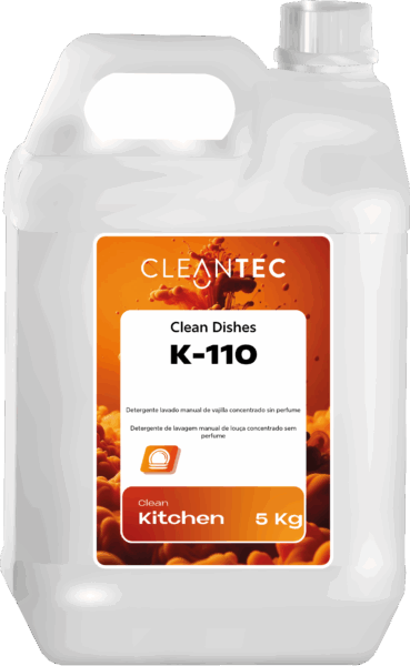 CLEAN KITCHEN DISHES K-110 es un detergente concentrado para el lavado manual de vajilla, especialmente formulado sin perfume ni colorantes, ideal para entornos donde se requiere la máxima neutralidad y seguridad alimentaria. Elimina eficazmente grasa, residuos de alimentos y suciedad general, dejando la vajilla limpia, brillante y sin residuos. Produce una espuma abundante y duradera, incluso en aguas frías. Recomendado para cocinas industriales, obradores, hospitales y colectividades con exigencias higiénico-sanitarias específicas. Venta exclusiva para profesionales. Producto de uso profesional, no apto para uso doméstico.
