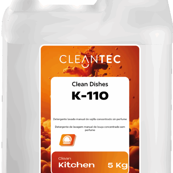 CLEAN KITCHEN DISHES K-110 es un detergente concentrado para el lavado manual de vajilla, especialmente formulado sin perfume ni colorantes, ideal para entornos donde se requiere la máxima neutralidad y seguridad alimentaria. Elimina eficazmente grasa, residuos de alimentos y suciedad general, dejando la vajilla limpia, brillante y sin residuos. Produce una espuma abundante y duradera, incluso en aguas frías. Recomendado para cocinas industriales, obradores, hospitales y colectividades con exigencias higiénico-sanitarias específicas. Venta exclusiva para profesionales. Producto de uso profesional, no apto para uso doméstico.
