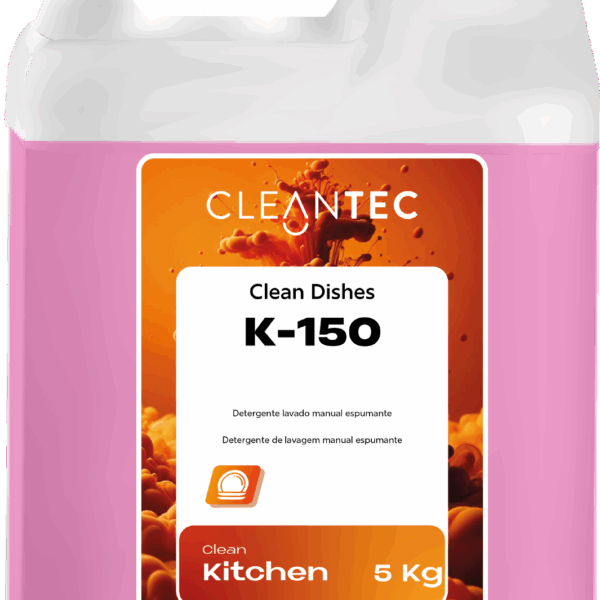 CLEAN KITCHEN DISHES K-150 SUPREME es un detergente espumante para lavado manual de vajilla y utensilios, formulado para uso intensivo en cocinas profesionales. Su espuma densa y persistente facilita la eliminación de grasa, restos de alimentos y suciedad incrustada, dejando un acabado brillante y sin residuos. Suave con las manos y efectivo incluso en agua fría, es ideal para lavado manual en restaurantes, comedores industriales, obradores y colectividades. Venta exclusiva para profesionales. Producto de uso profesional, no apto para uso doméstico.
