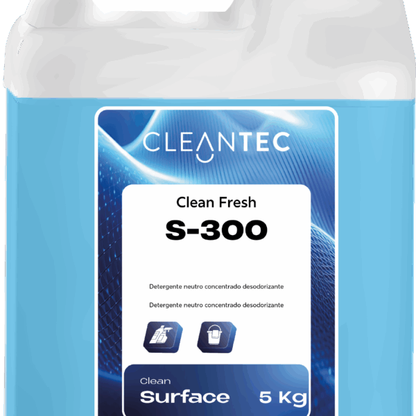 CLEAN FRESH S-300 es un detergente neutro concentrado con acción desodorizante, formulado para la limpieza general de superficies lavables dejando un ambiente fresco y agradable. Elimina eficazmente suciedad ligera, restos orgánicos y malos olores, sin dañar materiales delicados como mármol, cerámica, vinilo, acero inoxidable o madera barnizada. Ideal para oficinas, centros educativos, instalaciones deportivas, hostelería y zonas comunes de alto tránsito. Su uso regular contribuye a mantener una sensación constante de higiene y bienestar. Venta exclusiva para profesionales. Producto de uso profesional, no apto para uso doméstico.