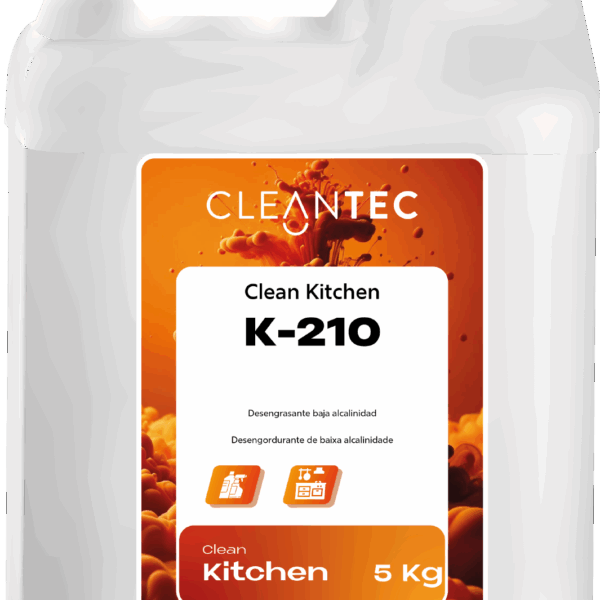CLEAN KITCHEN K-210 es un desengrasante profesional de baja alcalinidad, formulado para limpiezas delicadas donde se requiere eficacia sin agresividad química. Ideal para superficies sensibles como aluminio, metales blandos y zonas pintadas, elimina eficazmente grasas ligeras, restos orgánicos y suciedad ambiental sin dañar los materiales. Apto para cocinas profesionales, obradores y superficies de preparación alimentaria. Compatible con aplicaciones manuales o por pulverización. Venta exclusiva para profesionales. Producto de uso profesional, no apto para uso doméstico.