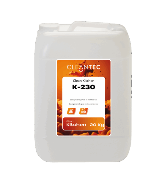 CLEAN KITCHEN K-230 es un desengrasante general de uso directo, formulado para limpiezas rápidas y eficaces en frío, sin necesidad de dilución ni calentamiento. Actúa directamente sobre grasas, aceites y residuos orgánicos, facilitando la limpieza de superficies, utensilios, paredes y campanas extractoras en cocinas profesionales. Su fórmula lista para usar lo convierte en una solución práctica y eficiente para limpiezas de mantenimiento o intervenciones rápidas. Apto para uso en entornos alimentarios. Venta exclusiva para profesionales. Producto de uso profesional, no apto para uso doméstico.