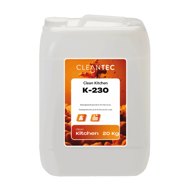 CLEAN KITCHEN K-230 es un desengrasante general de uso directo, formulado para limpiezas rápidas y eficaces en frío, sin necesidad de dilución ni calentamiento. Actúa directamente sobre grasas, aceites y residuos orgánicos, facilitando la limpieza de superficies, utensilios, paredes y campanas extractoras en cocinas profesionales. Su fórmula lista para usar lo convierte en una solución práctica y eficiente para limpiezas de mantenimiento o intervenciones rápidas. Apto para uso en entornos alimentarios. Venta exclusiva para profesionales. Producto de uso profesional, no apto para uso doméstico.