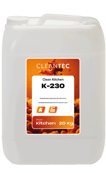 CLEAN KITCHEN K-230 es un desengrasante general de uso directo, formulado para limpiezas rápidas y eficaces en frío, sin necesidad de dilución ni calentamiento. Actúa directamente sobre grasas, aceites y residuos orgánicos, facilitando la limpieza de superficies, utensilios, paredes y campanas extractoras en cocinas profesionales. Su fórmula lista para usar lo convierte en una solución práctica y eficiente para limpiezas de mantenimiento o intervenciones rápidas. Apto para uso en entornos alimentarios. Venta exclusiva para profesionales. Producto de uso profesional, no apto para uso doméstico.