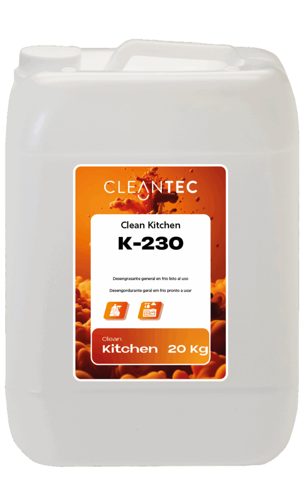 CLEAN KITCHEN K-230 es un desengrasante general de uso directo, formulado para limpiezas rápidas y eficaces en frío, sin necesidad de dilución ni calentamiento. Actúa directamente sobre grasas, aceites y residuos orgánicos, facilitando la limpieza de superficies, utensilios, paredes y campanas extractoras en cocinas profesionales. Su fórmula lista para usar lo convierte en una solución práctica y eficiente para limpiezas de mantenimiento o intervenciones rápidas. Apto para uso en entornos alimentarios. Venta exclusiva para profesionales. Producto de uso profesional, no apto para uso doméstico.