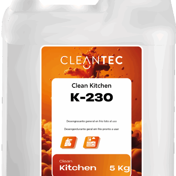 CLEAN KITCHEN K-230 es un desengrasante general de uso directo, formulado para limpiezas rápidas y eficaces en frío, sin necesidad de dilución ni calentamiento. Actúa directamente sobre grasas, aceites y residuos orgánicos, facilitando la limpieza de superficies, utensilios, paredes y campanas extractoras en cocinas profesionales. Su fórmula lista para usar lo convierte en una solución práctica y eficiente para limpiezas de mantenimiento o intervenciones rápidas. Apto para uso en entornos alimentarios. Venta exclusiva para profesionales. Producto de uso profesional, no apto para uso doméstico.