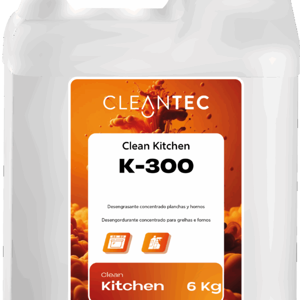 CLEAN KITCHEN K-300 es un desengrasante concentrado de alto poder, formulado para eliminar grasas carbonizadas, restos quemados y residuos incrustados en planchas, hornos, freidoras, campanas extractoras y superficies sometidas a altas temperaturas. Su fórmula alcalina actúa de forma rápida y eficaz, disolviendo la grasa sin necesidad de frotar intensamente. Ideal para limpiezas profundas en cocinas industriales, restaurantes y obradores. Aplicación recomendada con pulverizador o brocha en caliente o templado. Venta exclusiva para profesionales. Producto de uso profesional, no apto para uso doméstico.